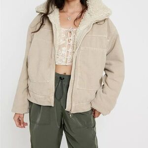 BDG XS Cord Borg Beige Barn Coat Jacket Corduroy Relaxed Sherpa Shearling Chore